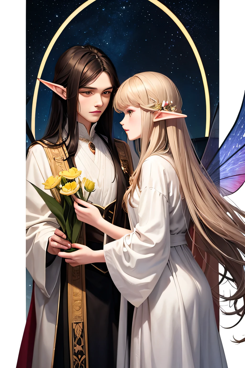 An elf man with long black hair wearing white robes in front of a female fairy with light brown hair wearing brown robes and colorful wings in front of each other holding a flower