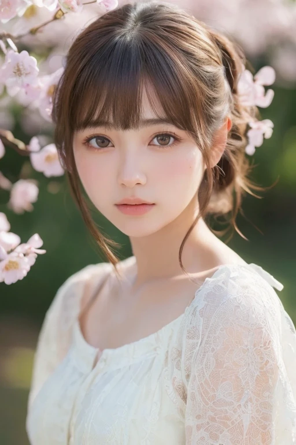 ((8K、Super detailed、highest quality))、(((beautiful girl)))、19 years old、Japanese、cute、bangs、(Depth of written boundary、Ultra-realistic:1.2)、(UHD、Realistic Textured Skin、Anatomically correct:1.3)、(super beautiful:1.5)、gravure、looking at the camera、Hokkaido、spring