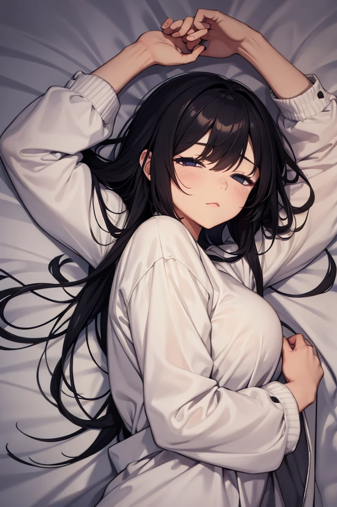 (Highest Resolution, clear_image) highest quality, Single person, One woman, alone, masterpiece, Very detailed, Semi-realistic, Black Hairのショートヘア, Black Hair, bangs, 18-year-old, mature, Wedding dress、Indoor Background, kind, Authoritative, Powerful, exquisite features, exquisite features、Eyelashes become longer、Showing teeth、woman'Fingers in the、Sleeping on the sofa、Long Hair、