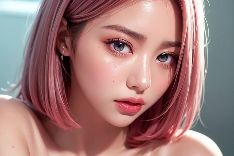 Ultra realistic, open shot, best quality, dream aesthetic (blurry in cinematic vibrant light), hot atmosphere, show all, ultra-detailed, fine details, high resolution (wide image), Perfect dynamic composition, illuminated pale skin, perfect shading, beautiful (realistic) detailed clear eyes, naked, hot belly, thick legs, pantyhose, pale-pink hair, medium (silky) silver hair, natural big breasts (nude), Natural Color Lip, face with pleasure and fatigue expression, Random and sensual poses, bedroom (background unfocused)、20 year old、dream atmosphere