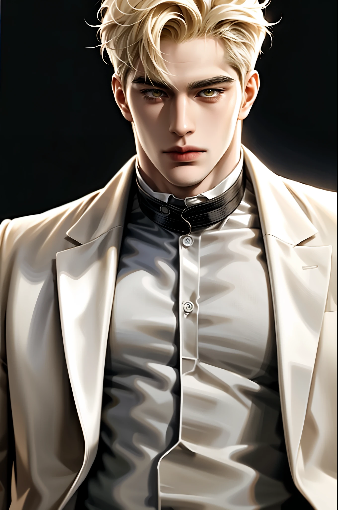 Fat, blonde hair, yellow eyes, serious sharp features, white skin, handsome, shirt, formal jacket, big body, muscular,