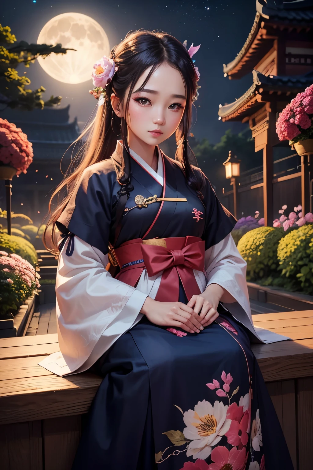 best quality, high_resolution, distinct_image, detailed background ,girl, hanbok,flower,garden,moon, night,