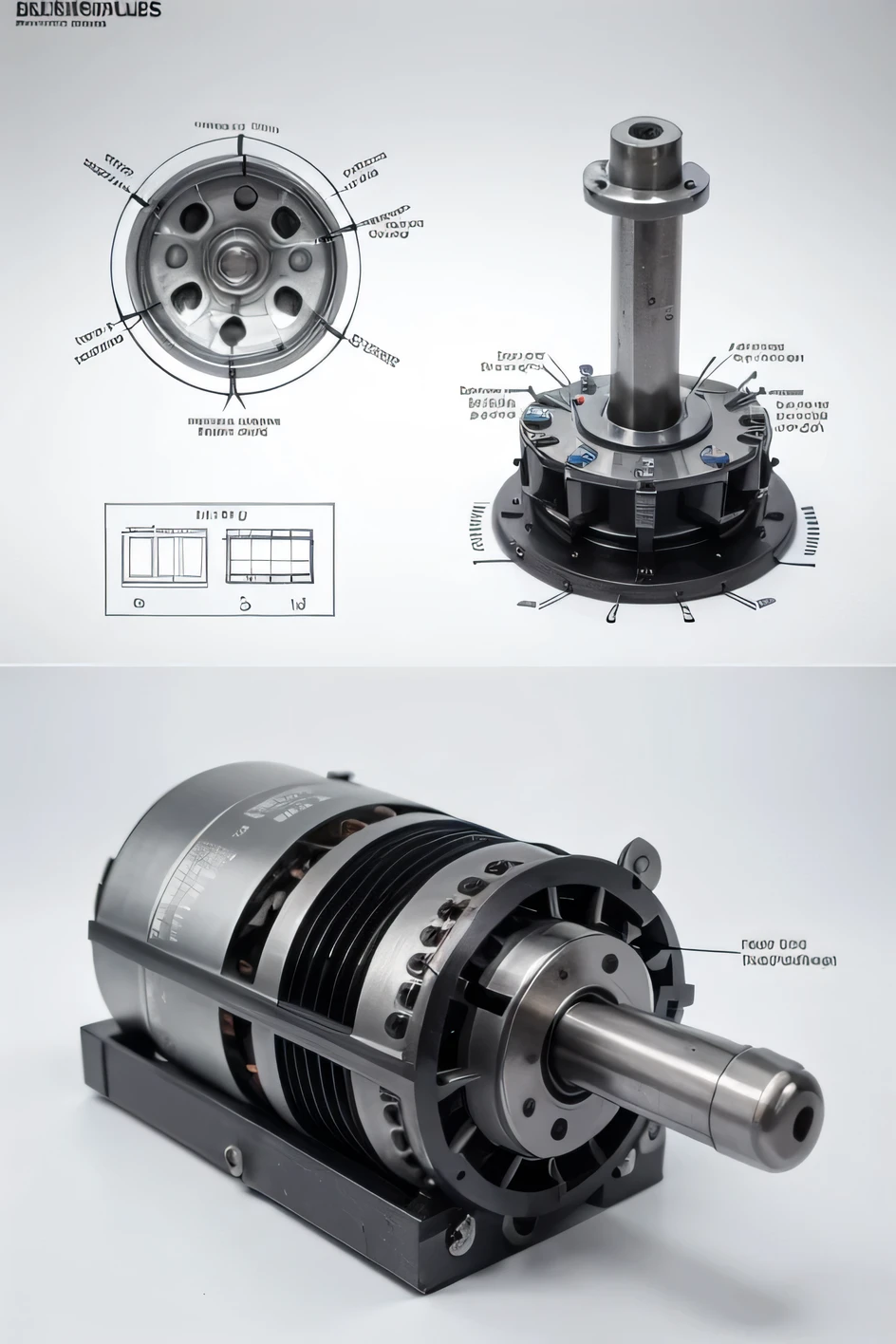 "Exploded view of a three-phase motor showing the outer casing, estator com bobinas, rotor de gaiola de esquilo, eixo, rolamentos e ventoinha. Include operating diagram with three-phase current, rotating magnetic field and induction in the rotor."
