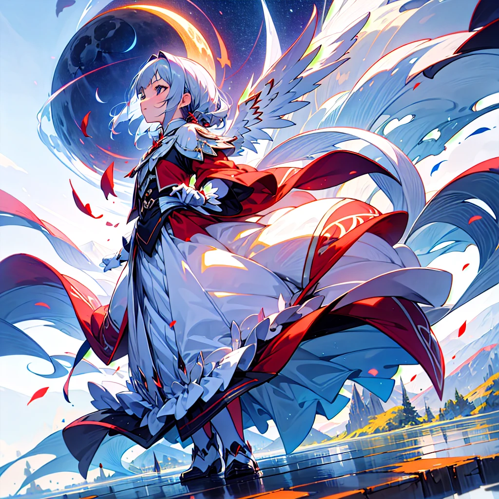 [(white background:1.5), ::5], wide shot, full body, 1girl, eternal moon, night sky, wind blowing, half body shot, cinematic, ((flowers in the colors: red and blue)), ((colors of clothing: white, silver, with red jewels)), detailed face, face focus, shiny skin, game cg, nigh sky, moonlight, moon, (wings 1.5), white gloves, magical girl, flying,great lighting, mountain in the back, swirls, absurdres,intricate detail, sharp focus, blurred foreground, (blush:0.5), (goosebumps:0.5), subsurface scattering, rogue,