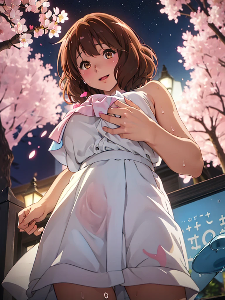 Face close-up、light blue Hair、short hair、girl1、smile、cherry blossoms、Open your mouth、Pink Lips、(Large Breasts:1.3)、night、Starry Sky、Hide your arms behind your body、Glowing Hair、moonlight、(looking down:1.2)、brown_hair, short_hair, brown_eyes, blush, bangs, Kumiko Oumae、(nude:1.5)、(pussy:1.3)、(from below:1.5)、(Tremendous sweat:1.5)、(Love Juice:1.5)