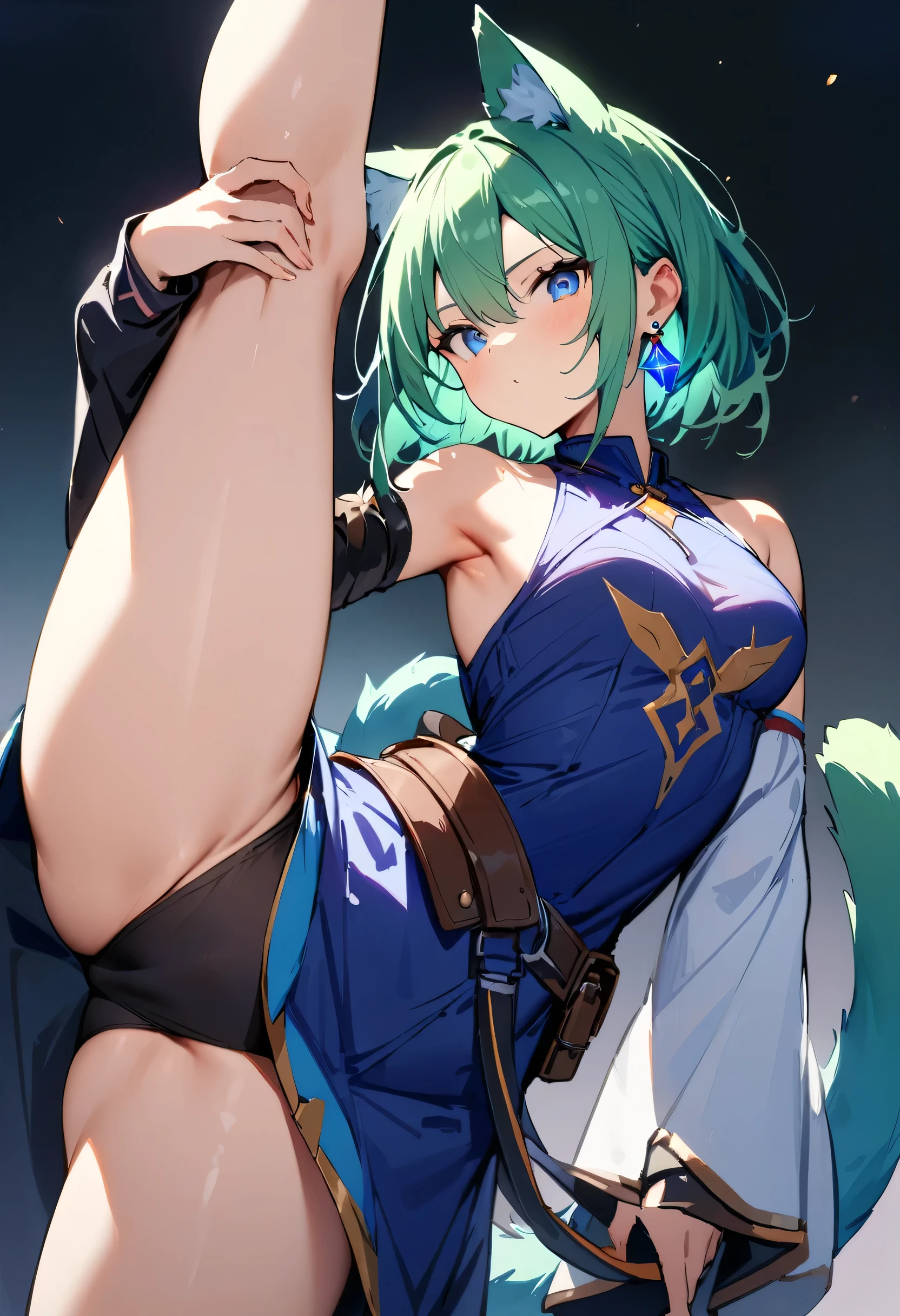 (masterpiece, highest quality:1.2), One girl, alone,Are standing_Split, 1 girl, Deltamon_beta, alone, blue eyes, Knee-length, Animal ears, Exposing shoulders, Blue Tail, Earrings, Removable sleeve, Green Hair, Sleeveless, Cat ear, bag, white Knee-length, Cat&#39;s Tail, pでk backpack, pでk school bag,