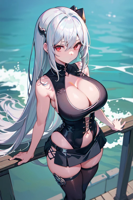 masterpiece, best quality, High_solve, fine details, Very detailed and beautiful, clearly_image, 1 girl, Solitary, from above, Silver Hair, Red Eyes, Dragon Horn, (Huge breasts)(((Large Breasts、Low-cut，Cleavage, Wide hips,)))Long legs , , (),seaside,curved, Dolphin shorts, The arm is behind you,,tHighHigh,mini skirt