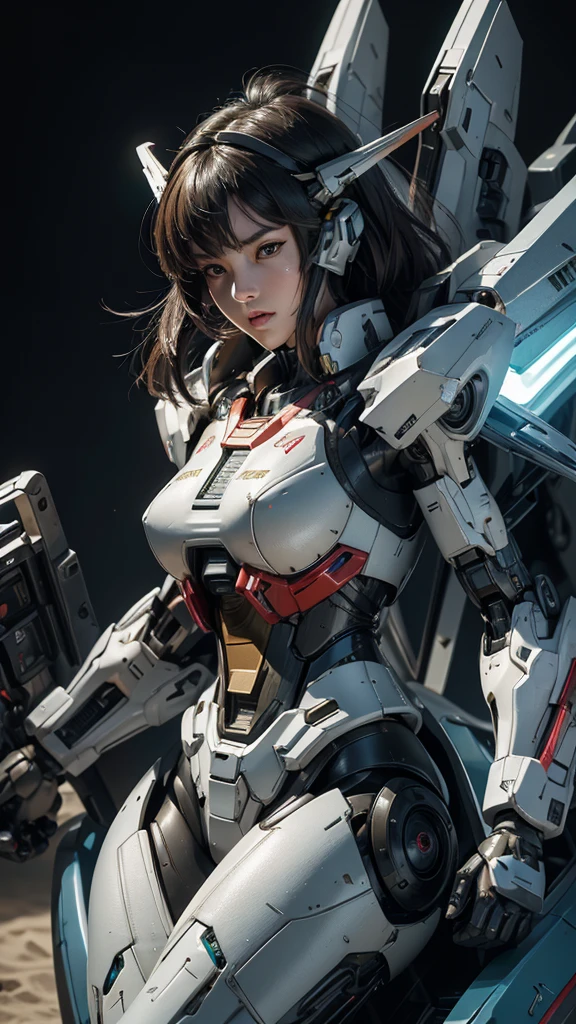 Textured skin, Super Detail, high details, High quality, Best Quality, hight resolution, 1080p, hard disk, Beautiful,(Gundam),beautiful cyborg woman,Mecha Cyborg Girl,Battle Mode,Girl with a Mecha Body,She wears a futuristic Gundam mecha,Fulll body Shot
