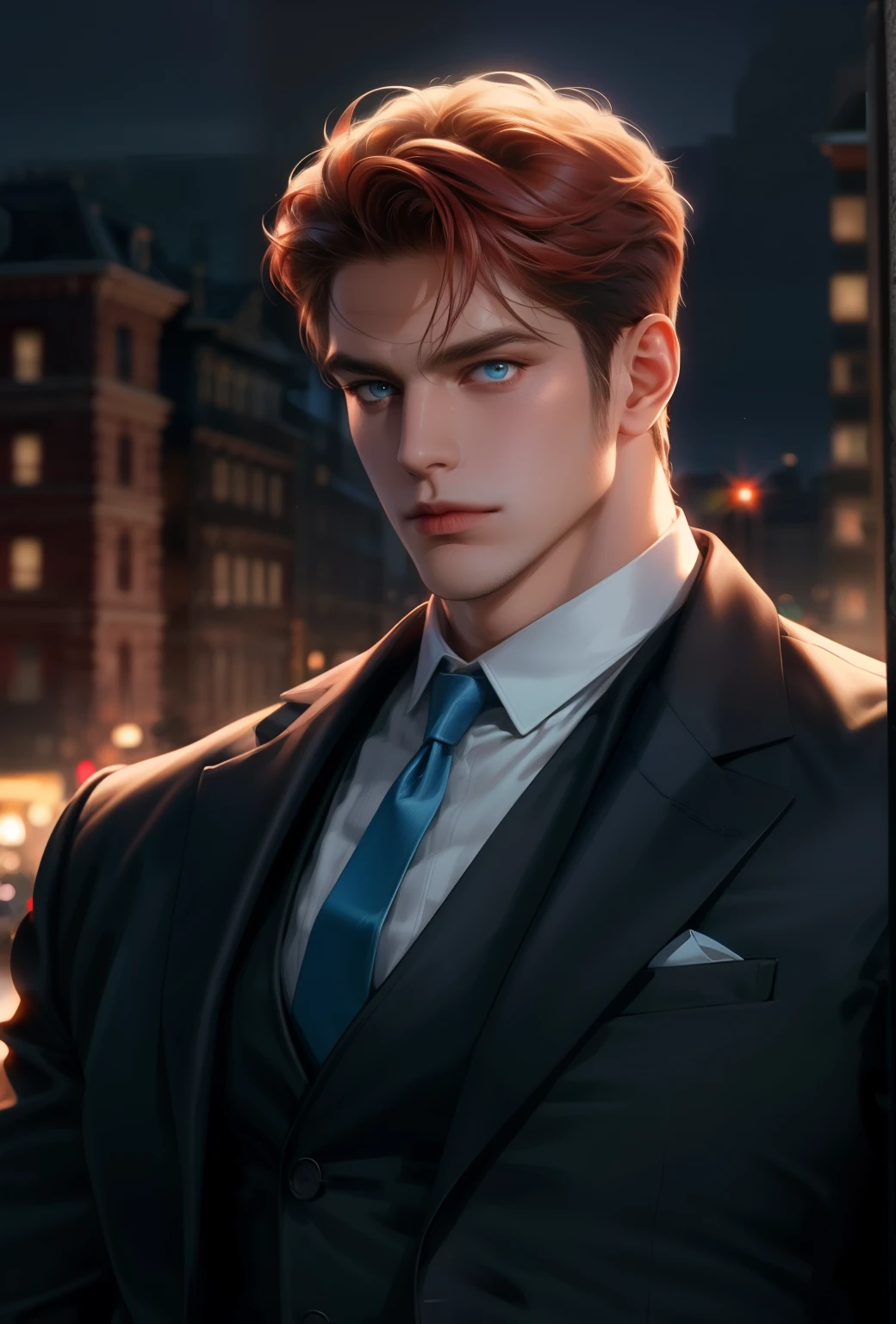 (masterpiece,best quality,ultra_detailed,highres,absurdres),1 mature male, 30-ish, (wide shoulder), (muscular), big body, male focus, solo, blue light eyes, blue light eyes color, upper body, short hair, red hair color, looking at viewer, flat face, parted lips, round eyewear, Masterpiece, high quality, best quality, HD, realistic, perfect lighting, detailed body, 1 man, wearing a jacket, white tie and shirt, calm expression, in the night town background,