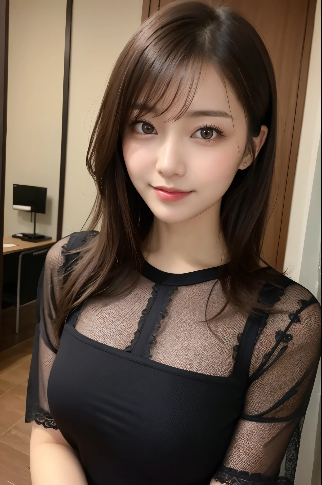 On the table、best quality、Photorealism、Finely、high resolution、8wallpaper、Perfect dynamic posture、Beautiful slender eyes and long hair、(Big breasts 1.2)、casual sexy pose、Random situations、Selfie Angle,Looking at the camera,(Tight round neck black mesh lace shirt)、、Gentle smile、50 years old、(Perfect Eyes 1.3)、Mature adult beauties、Japanese、