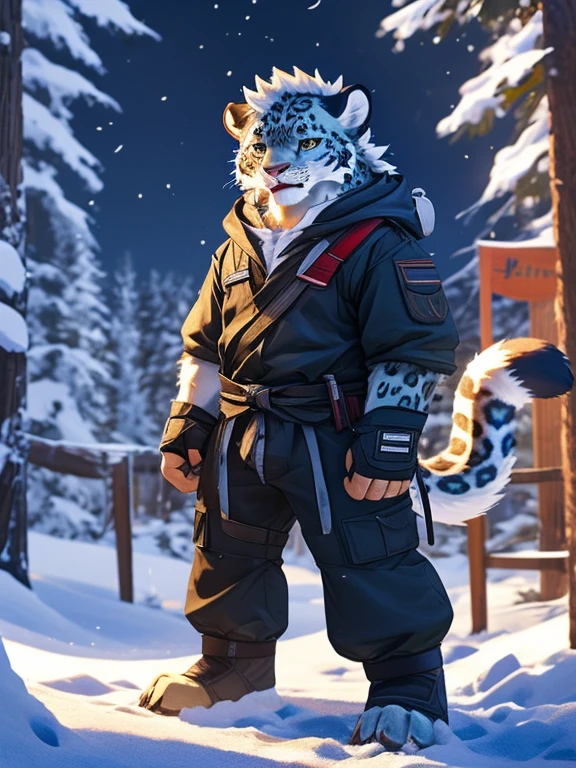 New Jersey 5 Hairy，Beast field，Full body portrait，anthropology，Hi，real，juvenile，Strong，Adventure suits，Fingerless gloves，adventurer，snow leopard，Fluffy hair，delicate eyes，Delicateeyes，Extremely high detail，8K HD characters，Optimistic and cheerful，Fighting Stance，Golden dot of light