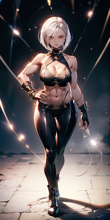 1 Girl standing all over, Nice ass, Short bob cut into two long braids, white silver hair, Yellow eyes, Perfect lighting, Muscular body, Tights, Mature female breasts、Low-cut,Cleavage, Wide hips,)))Long legs , , mummy, 肚Umbilical cord, Abdominal muscles, Umbilical cord, looking at the audience (masterpiece, high quality:1.1) Smile, extremely huge breasts, Slender and toned body, maternal, Porcelain skin, very long braids, Shiny skin, Good face,