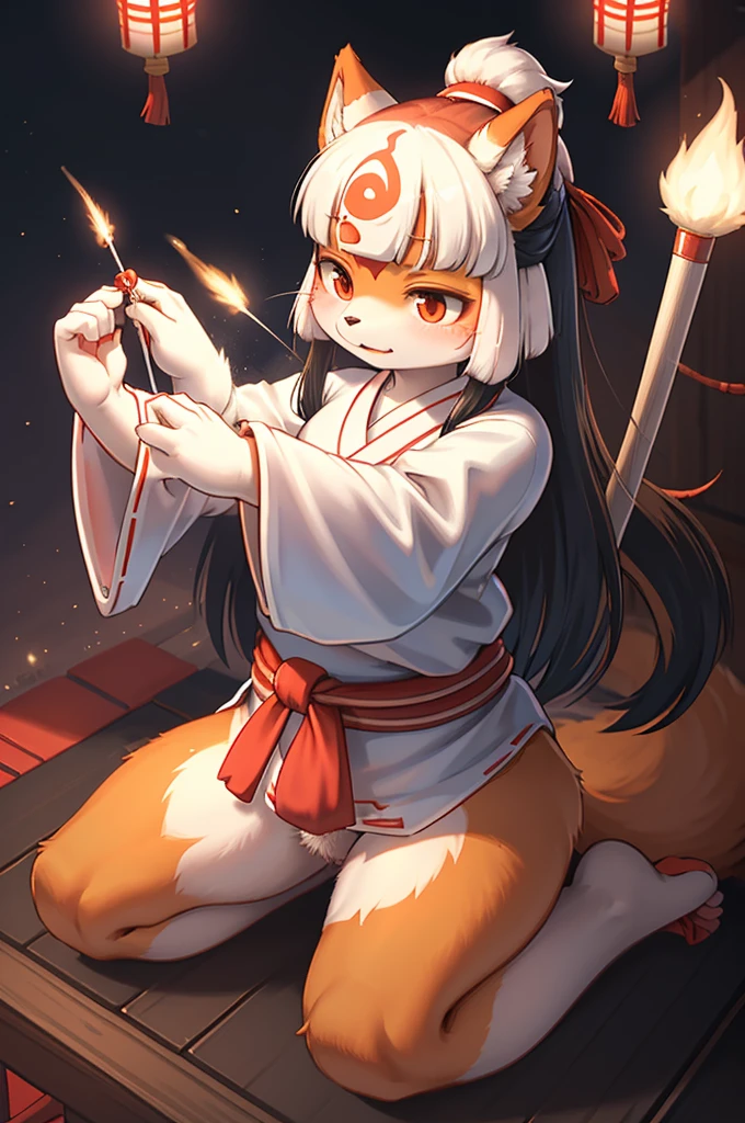 from above , 1 hairy inari girl  , Short stature , realistic hairy fur , Straight black Long Hair , Round face, swollen cheeks,round eyes , neat hair ties , Japanese Shrine Maiden Clothing , (dynamic Noh dance action:1.3) , in the Inari Shrine , Sacred offerin  , (Fly around Will-o'-the-wisp) , midnight