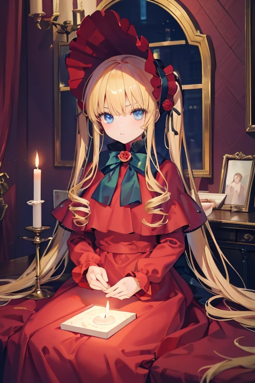 masterpiece, highest quality, High resolution, 1 ***************、blue eyes、
blonde、Straight long hair、Crimson Dress、Original Costume、Bonnet on the head、Luxury bedroom、Candles、