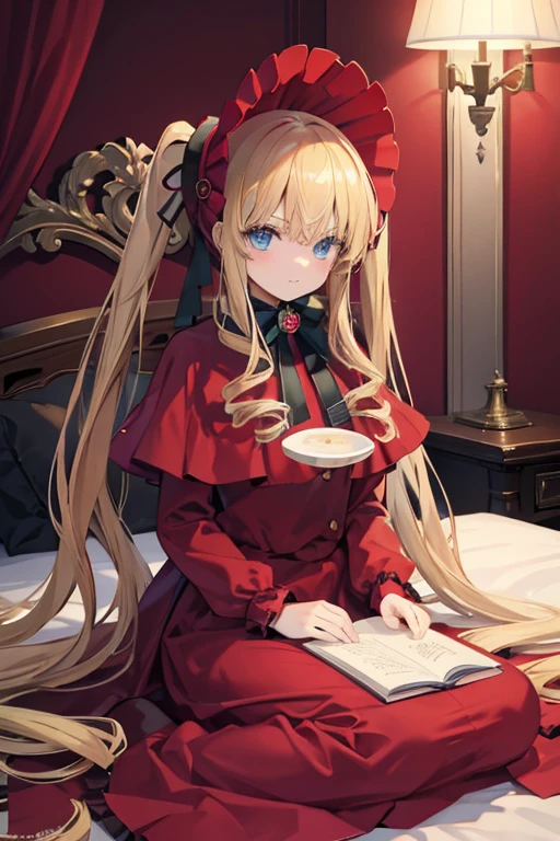 masterpiece, highest quality, High resolution, 1 ***************、blue eyes、
blonde、Straight long hair、Crimson Dress、Original Costume、Bonnet on the head、Luxury bedroom、Candles、