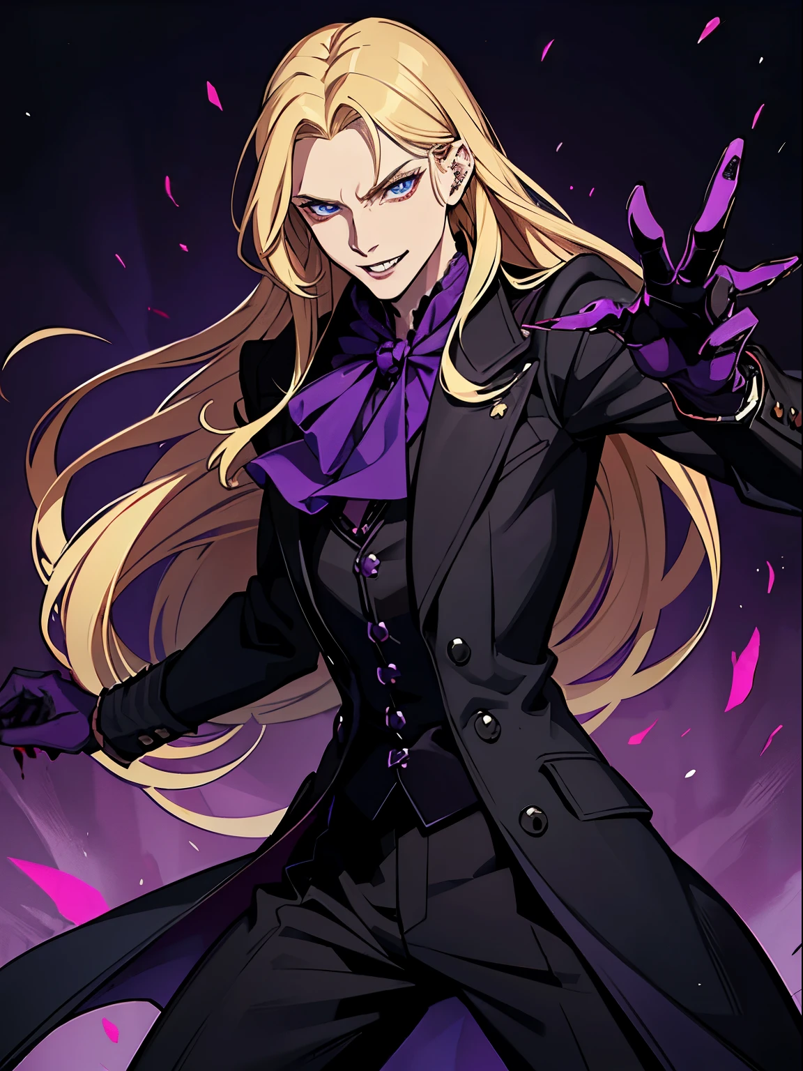 bloddy, masacre, androgynous, perfect face, evil smile, insane, crazy, Black coat, black suit, one young male, beautiful long hair, blond hair, blue eyes, purple victorian shirt, purple jabot, beautiful face, highest quality, wild fighting stance, blood everywhere