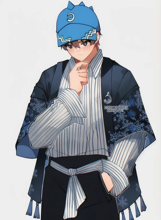 Handsome boy in blue hat and black pants with a blue jacket, tall anime guy with blue eyes,