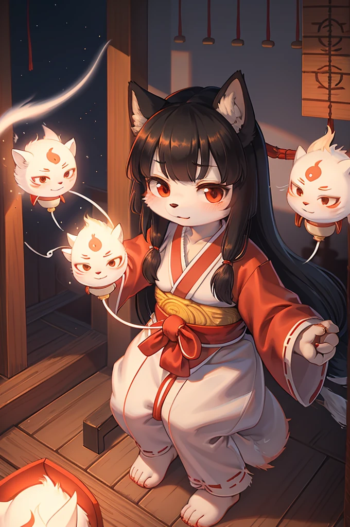 from above , 1 hairy inari girl , Short stature , realistic hairy fur , Straight black Long Hair , Round face, swollen cheeks,round eyes , neat hair ties , Japanese Shrine Maiden Clothing , (dynamic Noh dance action:1.3) , in the Inari Shrine , Sacred offerin , (Fly around Will-o'-the-wisp) , midnight