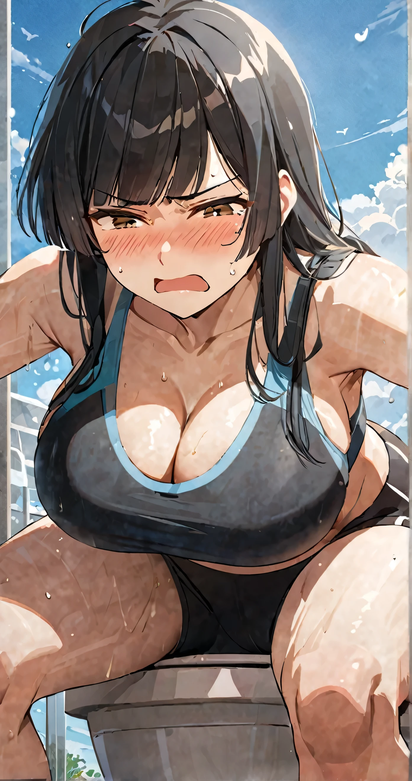 masterpiece,best quality, solo, eda, bangs, black hair, blue sky,cloud, shy expression, blushing expression, embarrassed expression, big breast, wearing sports bra, shy, hot, pooping on toilet, embarrassed, angry, big breast
