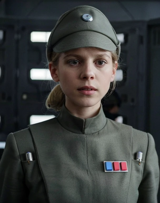 fashion photography of Clémence Poésy in olive gray imperialofficer uniform and hat, blonde hair in small tight bun, smooth pale white skin, sci-fi Death Star control room, sharp focus, dlsr, ultra sharp, professional Photographer, film grain, very detailed skin texture, photorealistic, no makeup