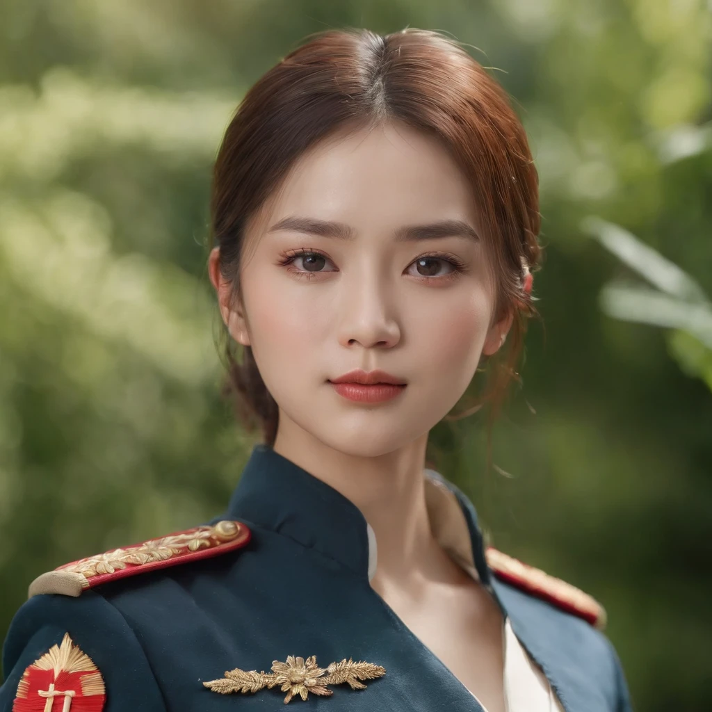 (best quality,4k,8k,highres,masterpiece:1.2),ultra-detailed,(realistic,photorealistic,photo-realistic:1.37),Chinese beautiful girl soldier with detailed eyes, detailed lips, and extremely detailed eyes and face,longeyelashes,portrait,wearing military uniform,standing tall and confident,with a hint of determination,looking directly at the camera,female, with a clean and neat appearance in a green garden, surrounded by vibrant flowers and lush trees, clear blue sky and white clouds in the background, soft sunlight casting a warm glow on her face and highlighting her features.