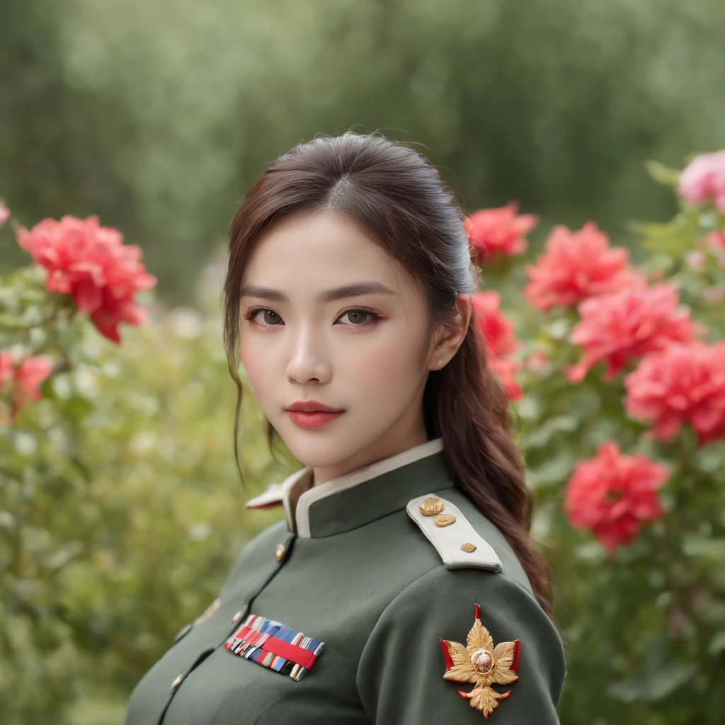 (best quality,4k,8k,highres,masterpiece:1.2),ultra-detailed,(realistic,photorealistic,photo-realistic:1.37),Chinese beautiful girl soldier with detailed eyes, detailed lips, and extremely detailed eyes and face,longeyelashes,portrait,wearing military uniform,standing tall and confident,with a hint of determination,looking directly at the camera,female, with a clean and neat appearance in a green garden, surrounded by vibrant flowers and lush trees, clear blue sky and white clouds in the background, soft sunlight casting a warm glow on her face and highlighting her features.