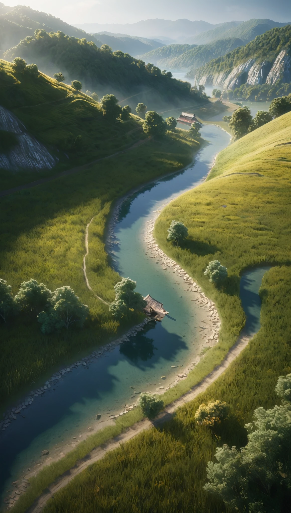quiet place, very happy, beautiful, calm, breath-taking scenery. Reality, 8K Ultra HD, Studio Quality, 超realism, Maximum detail, Large target, Post-Processing, realism, Photoshop, photography, detail, theater lighting, landscape, panoramic, landscape, Ray Tracing, cinema4d