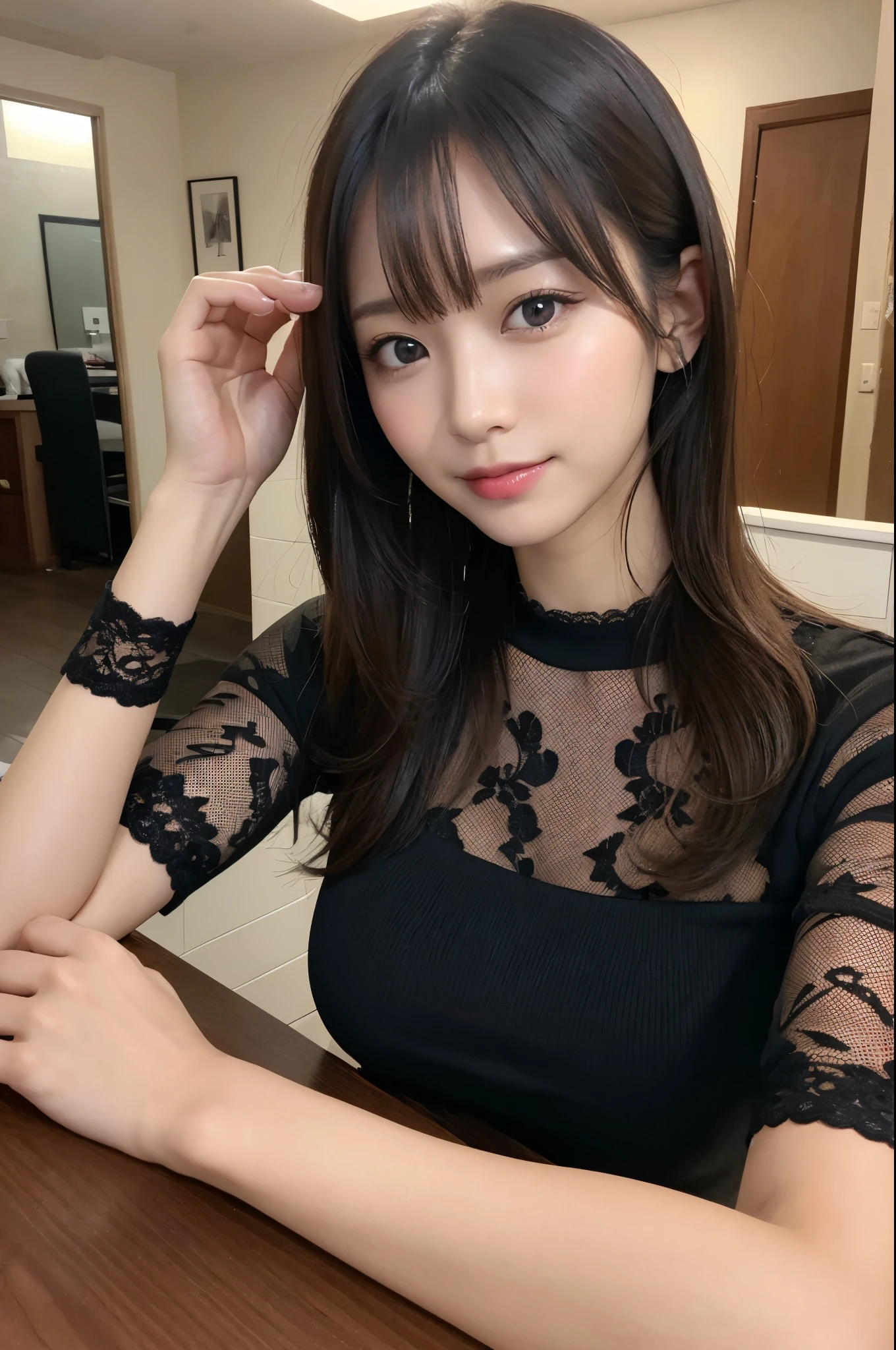 On the table、best quality、Photorealism、Finely、high resolution、８wallpaper、Perfect dynamic posture、Beautiful slender eyes and long hair、（Big breasts 1.2）、casual sexy pose、Random situations、Selfie Angle，Looking at the camera，（Tight round neck black mesh lace shirt）、、Gentle smile、50 years old、（Perfect Eyes 1.3）、Mature adult beauties、Japanese、