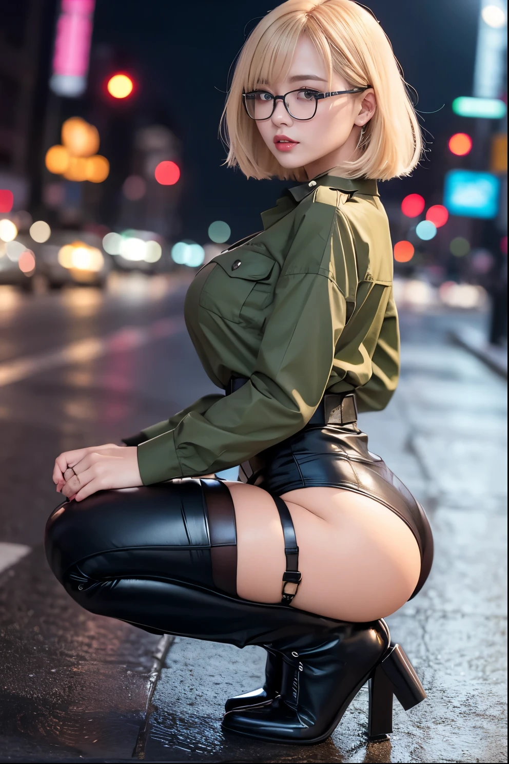 Korean Idols Mature Woman Blonde with bangs Rimless glasses Big eyes Eye contact while turning around from behind Bright red rouge lips Big Breasts Super shiny olive green military shirt and cargo pants garter belt Enamel stockings Knee-high boots Heavy rain at dawn in a cyberpunk cityscape Wet road surface masterpiece humid Zoom Armpits Depicted from below Portrait Low - Angle Beautiful feet squat Attractive armpits Cheeky look