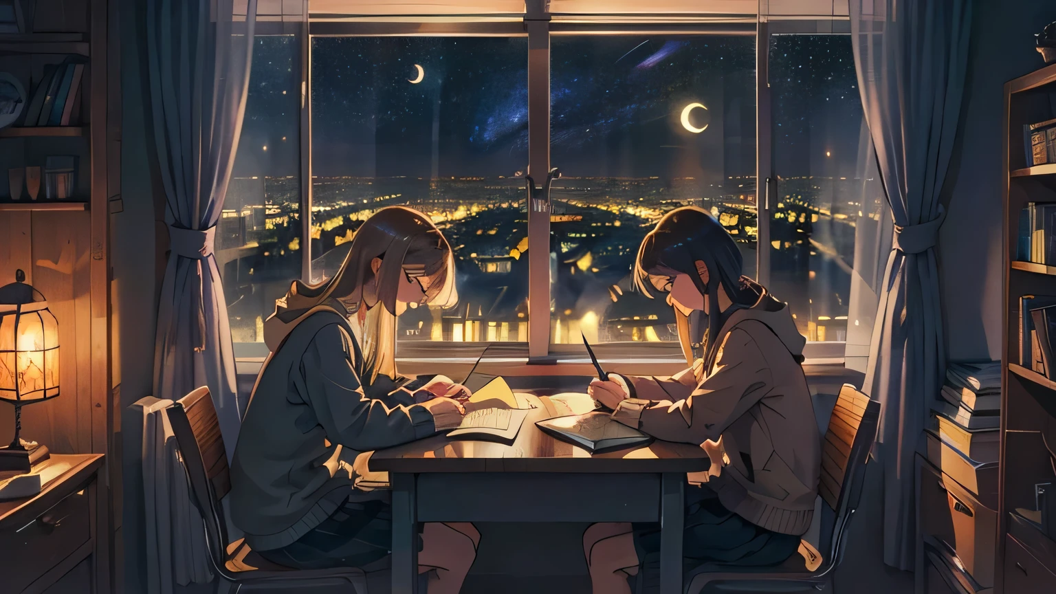 Quiet Town View, Nighttime, Study Room, High Floor Apartment, Large Window, City Nightscape, Starry Sky, Moonlight, Young Woman Studying, Desk, Books, Notebooks, Laptop, Pen, Smartphone Playing Music, Coffee Cup, Steam, Warm Light, Cozy Atmosphere, Focused Studying, Midnight Study Session
