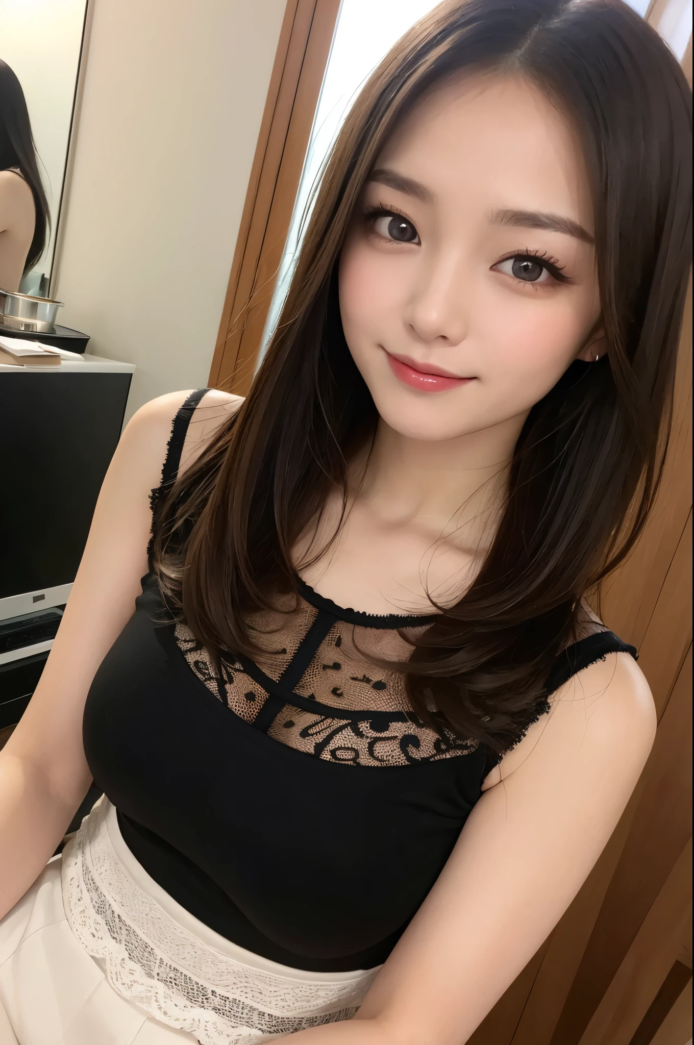 On the table、best quality、Photorealism、Finely、high resolution、８wallpaper、Perfect dynamic posture、Beautiful slender eyes and long hair、（Big breasts 1.2）、casual sexy pose、Random situations、Selfie Angle，Looking at the camera，（Tight round neck black mesh lace shirt）、、Gentle smile、50 years old、（Perfect Eyes 1.3）、Mature adult beauties、Japanese、