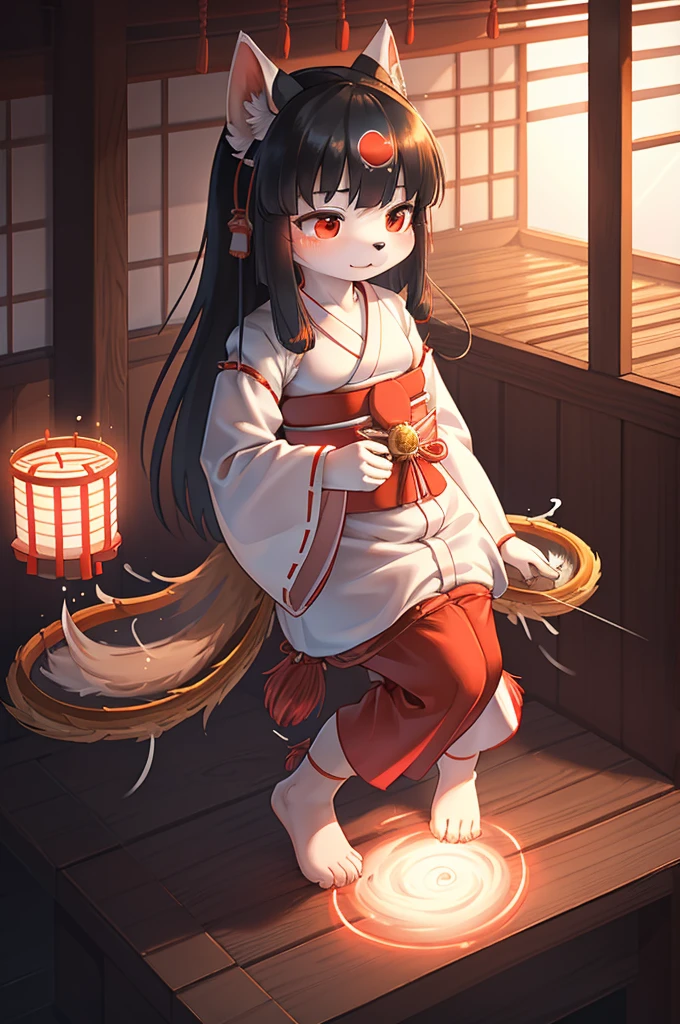 from above , 1 hairy inari girl , Short stature , realistic hairy fur , Straight black Long Hair , Round face, swollen cheeks,round eyes , neat hair ties , Japanese Shrine Maiden Clothing , (dynamic Noh dance action:1.3) , in the Inari Shrine , Sacred offerin , (Fly around Will-o'-the-wisp) , midnight
