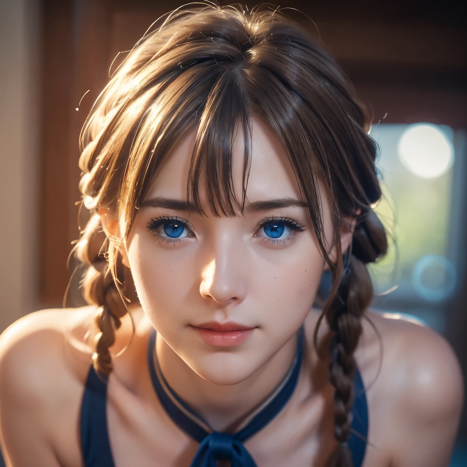 violet_evergarden,  blue_eyes, close up, blonde hair, blue eyes, hair ribbon, ribbon, short hair, braids, hair braids, red ribbon, mature female, erotic smile, erotic eyes, (face focus:0.8), (realism:1.2), (masterpiece:1.2), (best quality), (ultra detailed), (8k, intricate), (85mm), light particles, lighting, (detailed eyes:1.2), (highly detailed:1.2), (dynamic angle:1.2), (gradients), colorful, daylight,full lips, detailed background, depth of field, volumetric lighting, sharp focus, absurdres, realistic proportions, good anatomy, (realistic, hyperrealistic:1.4), 16k hdr, show nipples, medium breasts, show vagina, wide open legs:1.6.