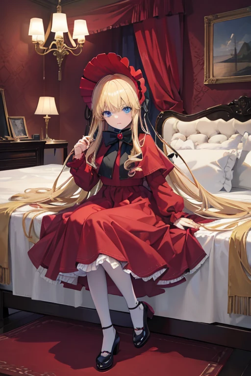 masterpiece, highest quality, High resolution, 1 8-year-old girl、blue eyes、
blonde、Straight long hair、Original Costume、bonnet, red dress,white pantyhosecup, black footwear 、Luxury bedroom、