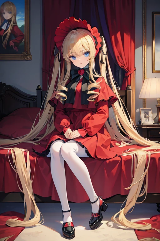 masterpiece, highest quality, High resolution, 1 8-year-old girl、blue eyes、
blonde、Straight long hair、Original Costume、bonnet, red dress,white pantyhosecup, black footwear 、Luxury bedroom、