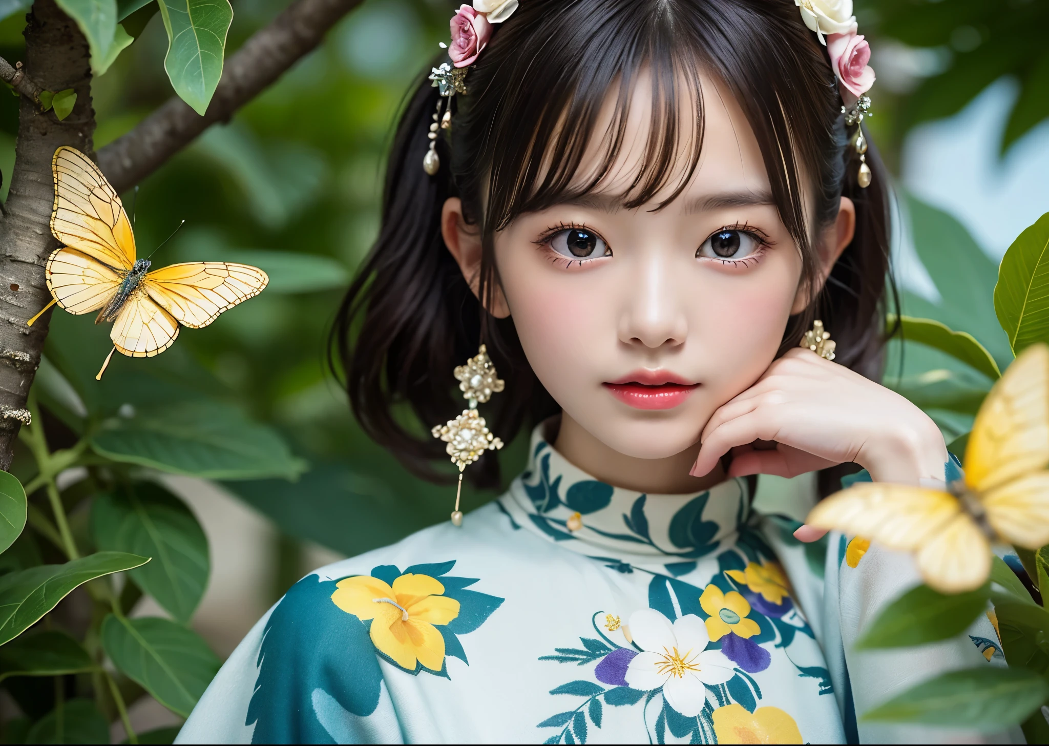 (masterpiece, highest quality, highest quality, Official Art, beautifully、aesthetic:1.2), (1 girl), Very detailed,(Fractal Art:1.3),Colorful Aloha、Most detailed, Background with fractals and details of assorted flowers and tropical butterflies、