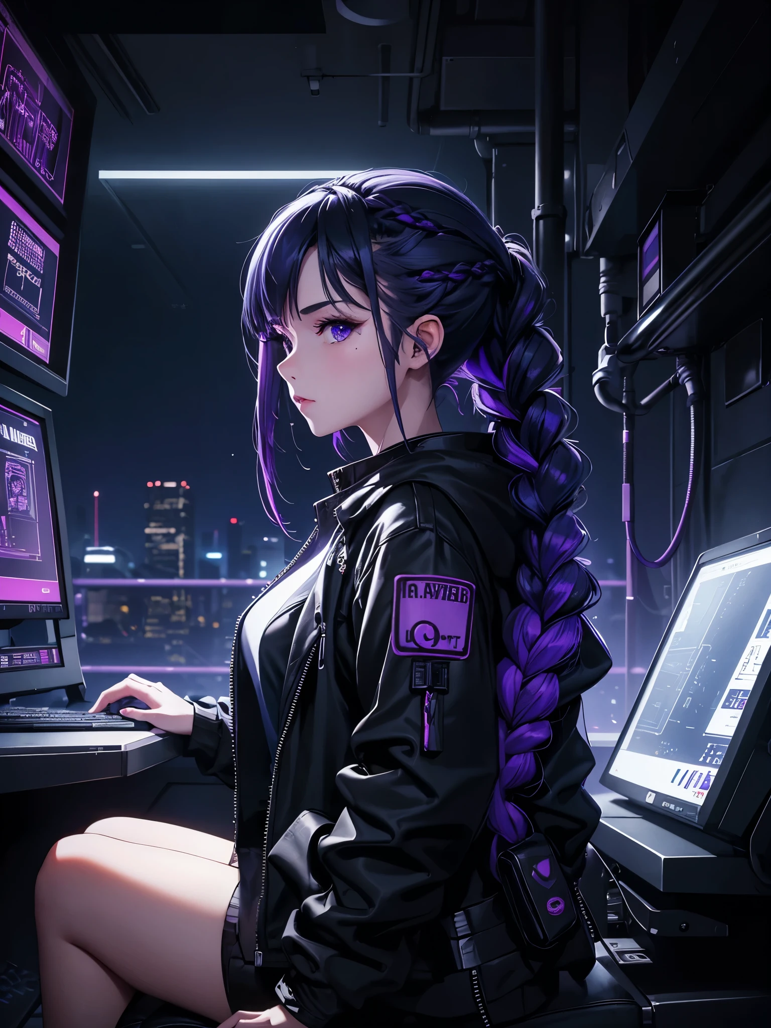 Very young girl, black mask, White skin, The code on, Hacker style, curve,sit on it、View from the side、deep purple, dark, braids, dark blue hair, cable, vintage, cyberpunk, Data center background, deep purple theme, night city