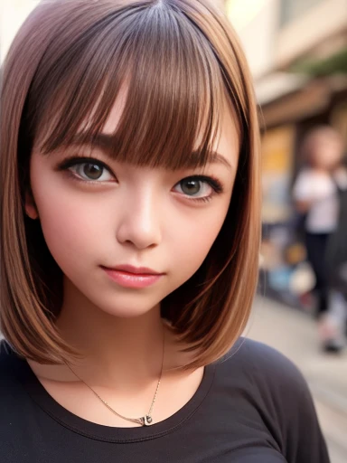 8k,highest quality, Tabletop, Ultra-detailed, 超A high resolution, Realistic, RAW Photos, Absurd, The absolute solution, One Girl, alone,Upper Body Shot, View Viewer,Young and beautiful woman in Japan, Super cute face, Attractive appearance, Big Breasts , Long Bob Hair ,smile,(mini skirt, Graphic T-shirts, Combat Boots:1.3),Beautiful Eyes ,the wind is strong, Posing in a crowded street, Glossy lips, Double eyelids on both eyes, Natural Makeup, Long eyelashes, 光沢のある滑らかなライトブラウンのLong Bob Hair, Asymmetrical bangs, Shiny skin, Center image, High resolution, Attention to detail, Detailed hairstyle, Detailed face, Great cinema lighting, Octane Rendering, Vibrant, Ultra-realistic, Perfect limbs, Perfect Anatomy