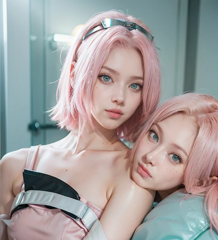 photo of belledel, detailed eyes, (from above), kissing, pink hair, big breasts. She knees down with her soles facing up