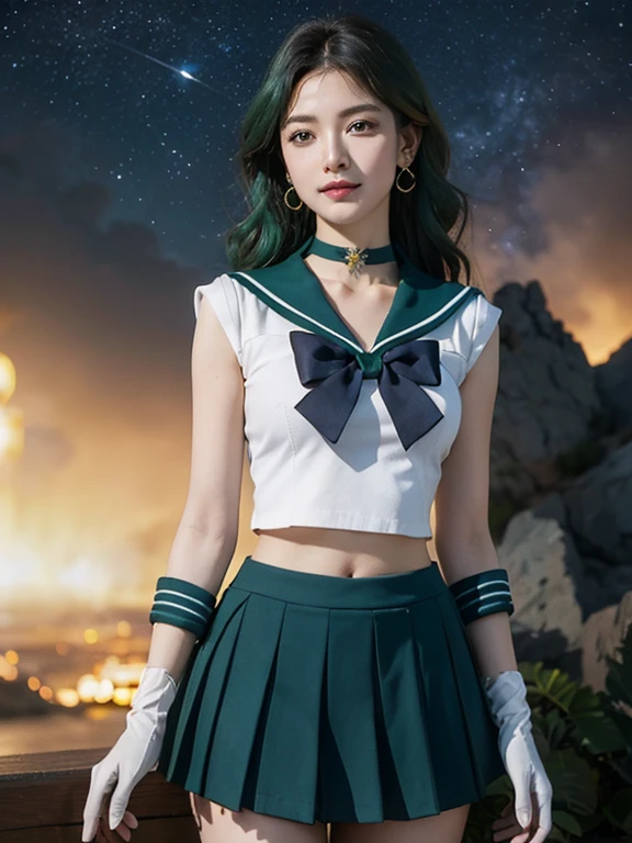 space background, ((HD Real, SAMA1 level)), Extreme Real, masterpiece, 最high quality, high quality, SAMA1, space, Amazing beauty, Upper Body Shot, 1 girl, Large Breasts, Put your arms behind your back、alone, Sailor Neptune, Aqua blue eyes, uniform, Show more1, 세일러 센시 uniform, (RAWphotograph, 最high quality), masterpiece, Floating dark green hair, グリーンSailor collar, bow, choker, Gloves, green choker, elbow gloves, Jewelry store, Earrings, green skirt, Outsole, whole body, dark green Medium Hair, (Perfect hands): 3.8, Octane Rendering, Goddess of the Sea, (expansion: 1.2) Beautiful eyes in every detail, expansion, Small eyes, View your viewers, to8 contrast style, Octane line drawing, space background, Neptune, sea effect, green, A kind smile, Squint your eyes and smile, Earth Background,masterpiece, 4K, Very detailed, expansion, 1 girl, Sailor Neptune, Aqua blue eyes, 짙은 green 머리카락, Medium Hair, (Sailor Neptune uniform:1.1), Pleated skirt, bow, Dynamic pose, 最high quality, masterpiece, High resolution, Intricate details, (Realistic)), photograph, Earrings, Jewelry store, Gloves, middle body, whole body, Gloves, Sailor collar, Sailor Neptune, Beautiful Skin,expansion, 1 female, Sailor Neptune, Aqua Eye, 짙은 green 머리카락, Pleated skirt, bow, Dynamic posture, Dynamic Background, , 最high quality, masterpiece, High resolution, Intricate details, (( Realistic )), photographの, Earrings, Jewelry store, Gloves, middle body, whole body, Gloves, Sailor collar