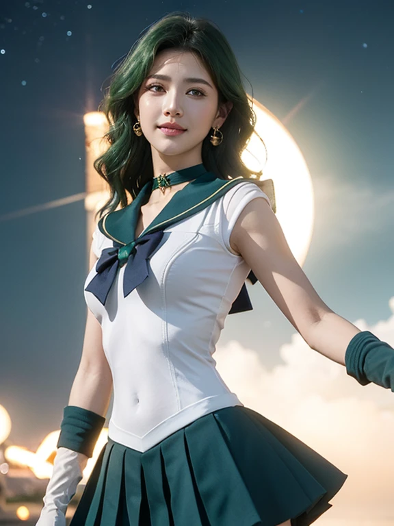 space background, ((HD Real, SAMA1 level)), Extreme Real, masterpiece, 最high quality, high quality, SAMA1, space, Amazing beauty, Upper Body Shot, 1 girl, Large Breasts, Put your arms behind your back、alone, Sailor Neptune, Aqua blue eyes, uniform, Show more1, 세일러 센시 uniform, (RAWphotograph, 最high quality), masterpiece, Floating dark green hair, グリーンSailor collar, bow, choker, Gloves, green choker, elbow gloves, Jewelry store, Earrings, green skirt, Outsole, whole body, dark green Medium Hair, (Perfect hands): 3.8, Octane Rendering, Goddess of the Sea, (expansion: 1.2) Beautiful eyes in every detail, expansion, Small eyes, View your viewers, to8 contrast style, Octane line drawing, space background, Neptune, sea effect, green, A kind smile, Squint your eyes and smile, Earth Background,masterpiece, 4K, Very detailed, expansion, 1 girl, Sailor Neptune, Aqua blue eyes, 짙은 green 머리카락, Medium Hair, (Sailor Neptune uniform:1.1), Pleated skirt, bow, Dynamic pose, 最high quality, masterpiece, High resolution, Intricate details, (Realistic)), photograph, Earrings, Jewelry store, Gloves, middle body, whole body, Gloves, Sailor collar, Sailor Neptune, Beautiful Skin,expansion, 1 female, Sailor Neptune, Aqua Eye, 짙은 green 머리카락,  Pleated skirt, bow, Dynamic posture, Dynamic Background, , 最high quality, masterpiece, High resolution, Intricate details, (( Realistic )), photographの, Earrings, Jewelry store, Gloves, middle body, whole body, Gloves, Sailor collar