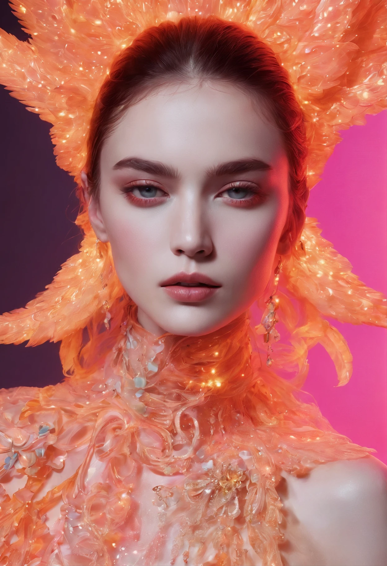 In a strikingly evocative composition, a mythopoeic creature, bathed in neon lights and adorned in high fashion, resonates with an otherworldly vibrancy. This captivating image, captured in a lomographic photograph, showcases a resplendent being that exudes an intoxicating blend of enchantment and fashion-forward elegance. Every nuanced detail is meticulously highlighted, from the exquisite embellishments on the creature's intricate attire to the mesmerizing neon glow that seems to pulsate with a life of its own. The image radiates a sense of artistic mastery, serving as a testament to the skilled craftsmanship and impeccable vision of the photographer.