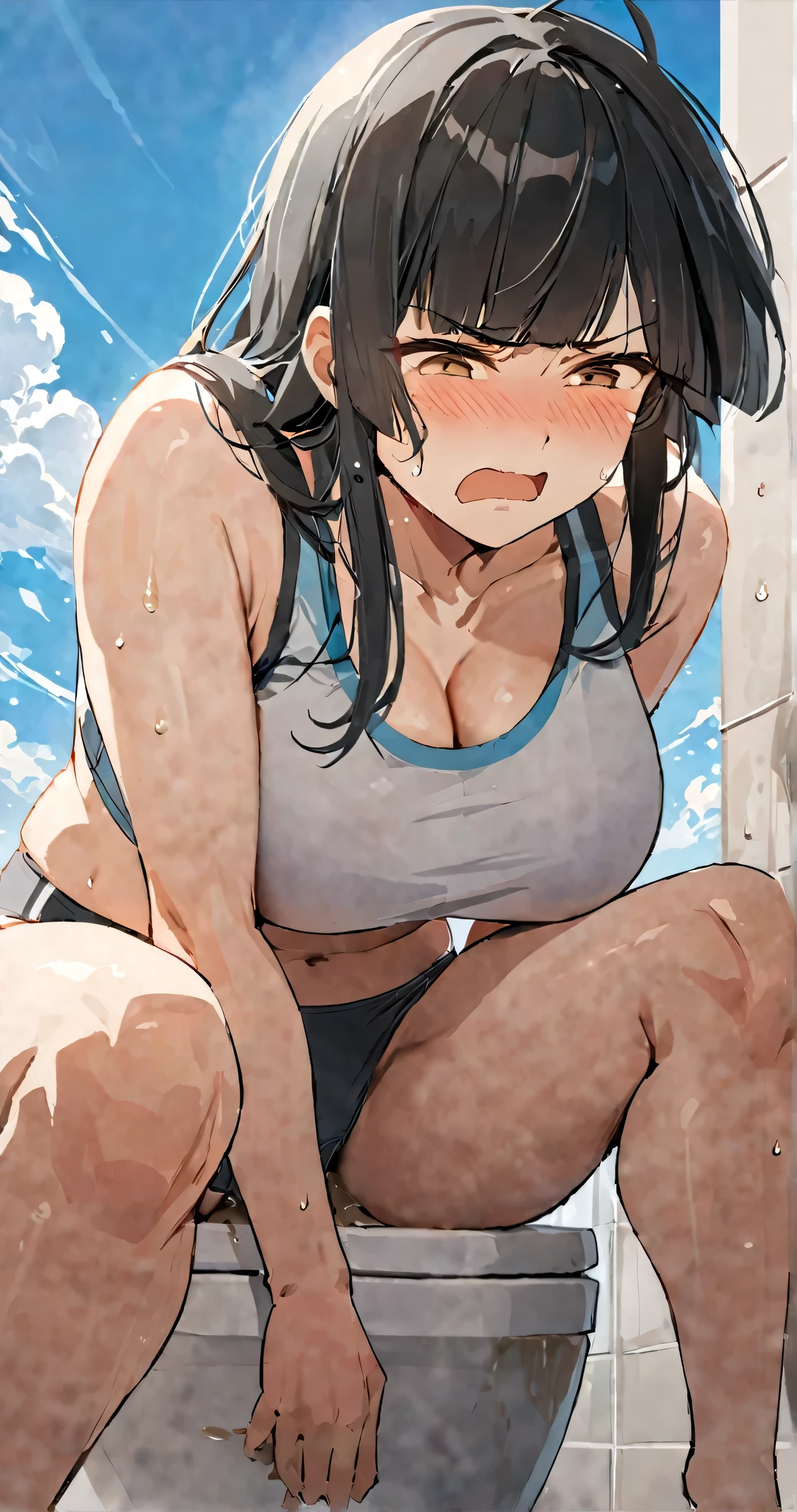 masterpiece,best quality, solo, eda, bangs, black hair, blue sky,cloud, shy expression, blushing expression, embarrassed expression, big breast, wearing sports bra, shy, hot, pooping on toilet, embarrassed, angry, big breast, she is wearing panties
