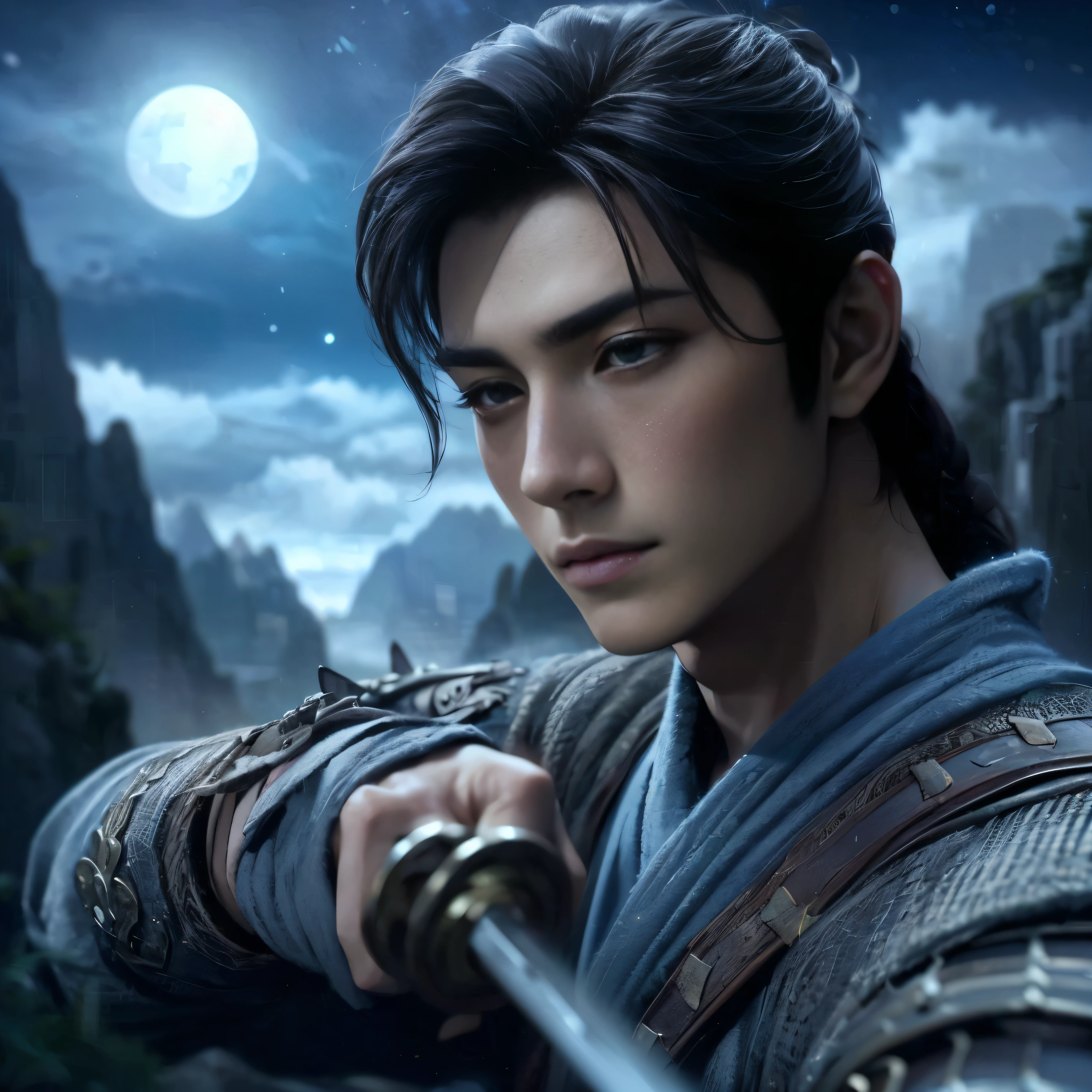 (Best Quality:1.2), (high resolution:1.2), (beautiful face and eye:1.5), (sharpest focus:1.2), (Ultra-realistic Photo:1.2), (Ultra-precise Photo:1.2), (Depth of field:1.2), (8k high resolution:1.2). (perfect anatomy:1.2),
(nice hands:1.5), (perfect hands:1.5), (Cynical smile:1.2), (A very young and beautiful Chinese man:1.0), (lying down quietly with closed sick eyes:1.2), (At the top of a steep rocky mountain:1.2),
(Stars of Leo twinkling in the night sky:1.2), (Looking down angle:1.2), (holding a drawn sword:1.0), (Chinese warrior with very light armor and beat-up arms:1.0),