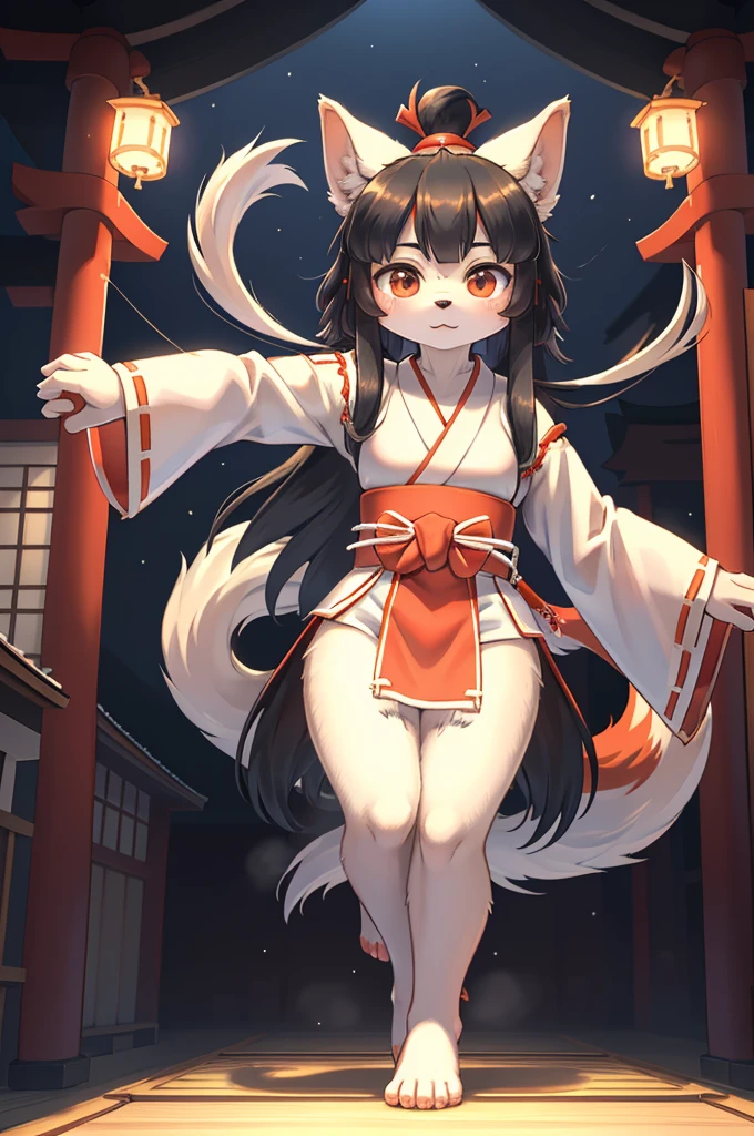 (Henri Matisse style:1.2), from above , 1 hairy inari girl , Short stature , realistic hairy fur , Straight black Long Hair , Round face, swollen cheeks,round eyes , neat hair ties , Japanese Shrine Maiden Clothing , (dynamic Noh dance action:1.3) , in the Inari Shrine , Sacred offerin , (Fly around Will-o'-the-wisp) , midnight