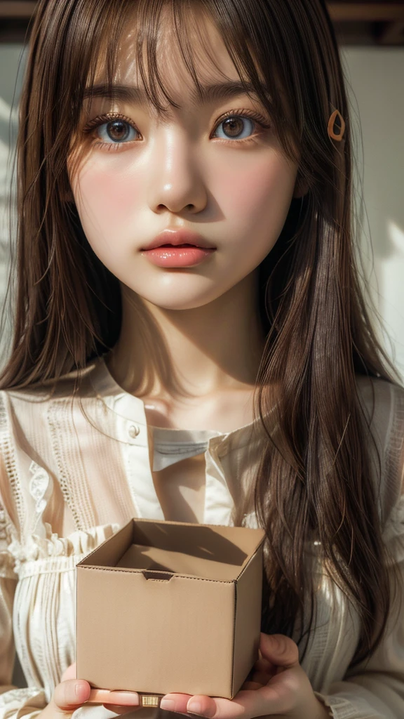 highest quality, Face Focus, Soft Light, Ultra-high resolution, (Realistic:1.4), RAW Photos, 1 Japanese girl, alone, cute, (pupil, Light in your eyes), Beautiful face in every detail, (Small box),(High resolution detail of human skin texture), (Long Hair), indoor, Damask Shirt Dress, (Portraiture)