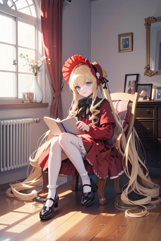masterpiece, highest quality, High resolution, 1 8-year-old girl、blue eyes、
blonde、Straight long hair、Original Costume、bonnet, red dress,white pantyhosecup, black footwear 、Luxury bedroom、