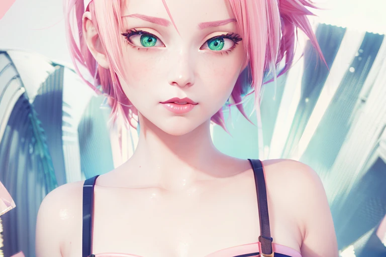 young woman, white skin, long bubblegum pink hair, red headband, wide forehead, pink eyebrows, large emerald green eyes, buttoned nose, thick red lips, heart-shaped face, low-cut gold dress, small breasts, high detail, sharp focus , Sakura Haruno, realistic, realism, 3d