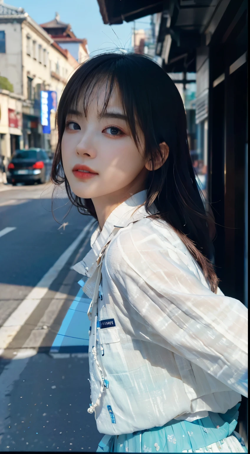 ((high quality, masterpiece:1.4)), 1 woman, ((elegant, majestic, beautiful, korean, upper body, street clothes:1.4, pretty face, At noon, street background:1.2)), absurd, high details, convoluted, convoluted details, sharp focus, screen space reflection, RTX, edge lighting, rim light, rim lighting, best lighting, 8K, HD, full hd, Ultra HD, super resolution, megapixel, Refreshing, lumen reflection, Thai, noise cancellation, shader, After treatment, post-production, insanely detailed and convoluted, maximalist, surreal, very detailed