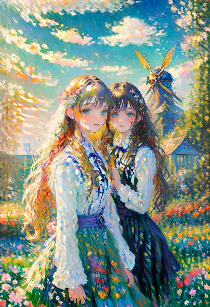 Claude Monet Style, 1boy and 1girl in a field of tulips , in the distance a windmill , Inspired by Claude Monet, Pierre-Auguste Renoir, Édouard Manet, Camille Pissarro, Alfred Sisley, Berthe Morisot, Gustave Caillebotte, Mary Cassatt, Armand Guillaumin, Edgar Degas. impressionism oil on canvas hyperdetailed 8K 3D 8k resolution